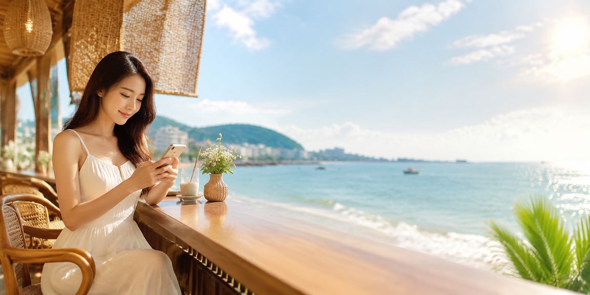 Người dùng tại Vũng Tàu trải nghiệm casino di động bên bờ biển với chiếc nón lá truyền thống